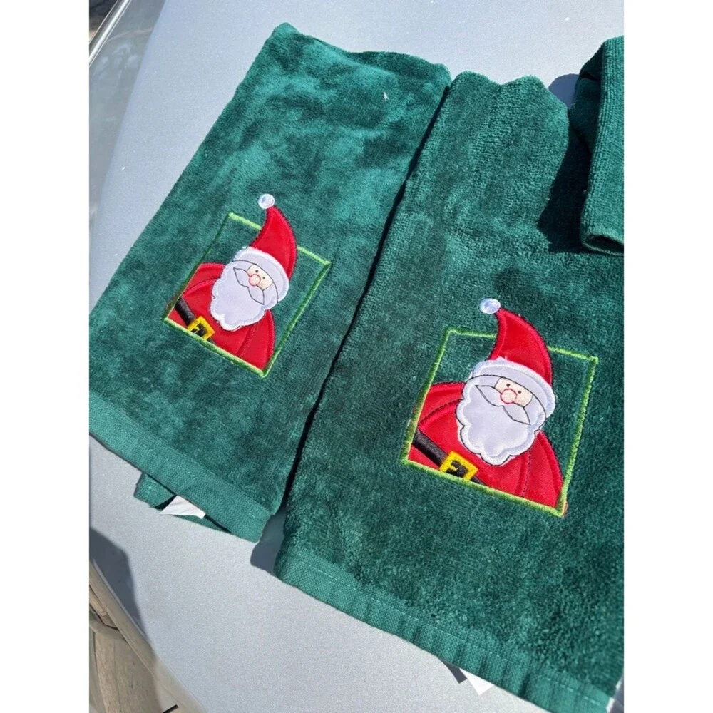 Vintage Christmas Embroidered Santa Towel Set Green Kitchen & Bath Towels